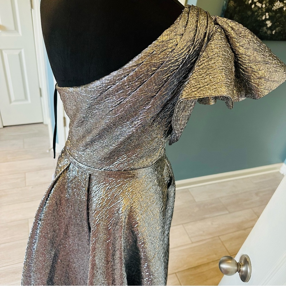 Mac Duggal Dress Silver 6 One Shoulder Bow Midi Gown Ruffle 67906 New - Picture 13 of 13
